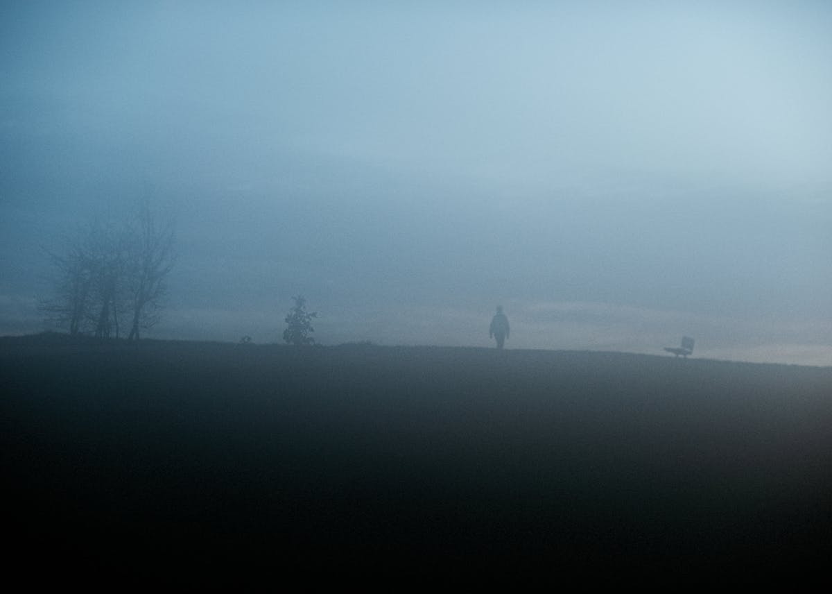 Photograph of a foggy park scene with a horizon line cutting horizontally through the landscape. Above the horizon line is a blue hued cloud ladened sky, grainy and misty. Below the horizon line is the dark green of the parkland grass. rising up from the horizon in silhouette are the shapes of trees, a park bench and a solitary figure of a person.