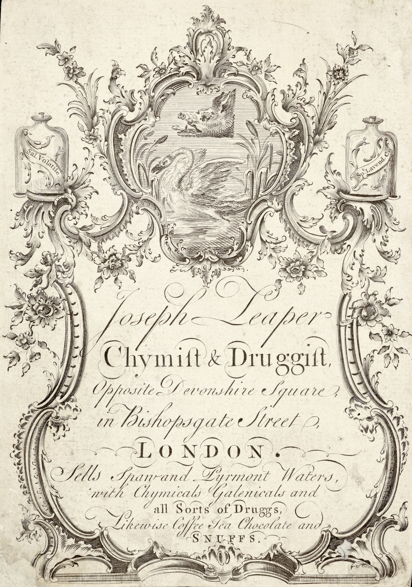 18th century trade card of Joseph Leaper, chymist and druggist
