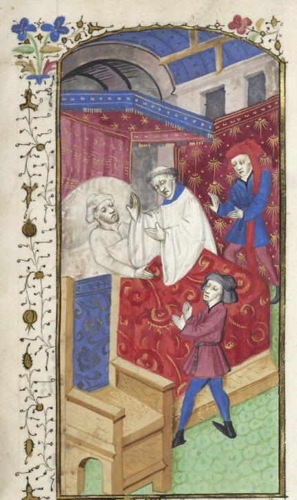 Miniature of a sick man in bed attended by a priest and two laymen, and illuminated initial. Image taken from f. 86 of Le livre des bonnes moeurs (The book of good manners).
