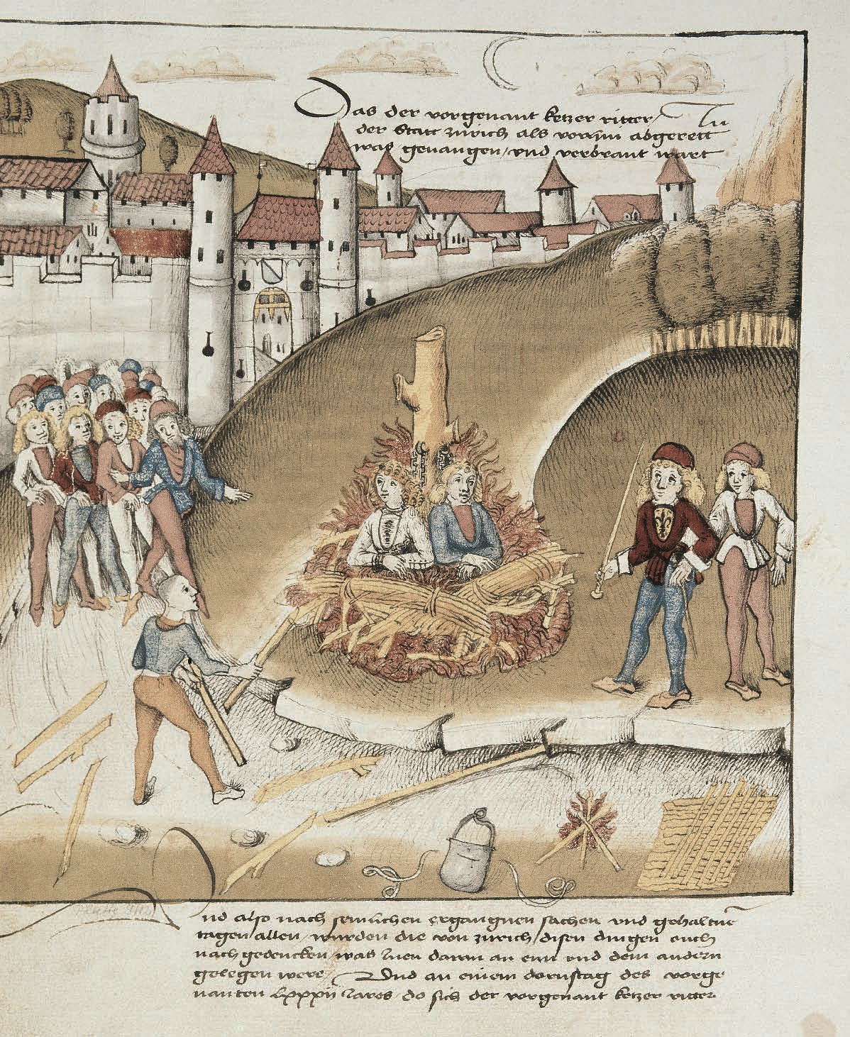 Colour image from a medieval manuscript showing the knight Richard Puller von Hohenburg and his servant being burnt outside the walls of Zürich, for sodomy in 1482. There are a crowd of onlookers and a man throwing more sticks onto the pyre. 