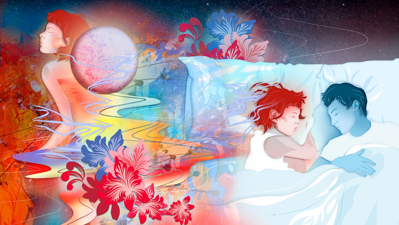 Digital artwork using a colourful, fantastical approach. The artwork shows a couple asleep in bed, on the right hand side. One of the couple is blue in tone, the other a warm red. Behind them is a cosmic, star scattered background. Swirling over and around her head, and out to the left side of the image are floral motifs and squiggly lines of reds, yellow, oranges and blues. In the top left corner is a moon-like orb and a repetition of the sleeping female figure, now seemingly awake, but with eyes still closed. The whole scene has a dream-like feeling to it.