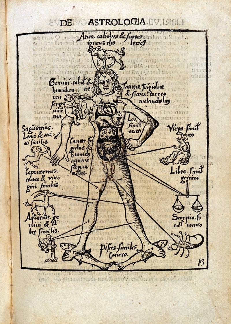 Diagram from 14th Century manuscript showing a male body with images from the zodiac