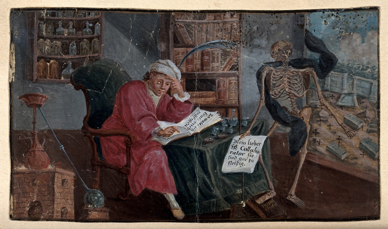 Colour painting showing a seated man reading, being addressed by a skeleton in a black cloak.