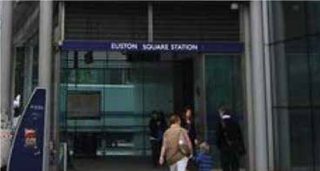 Entrance to Euston Square Underground station in a modern steel and glass building.