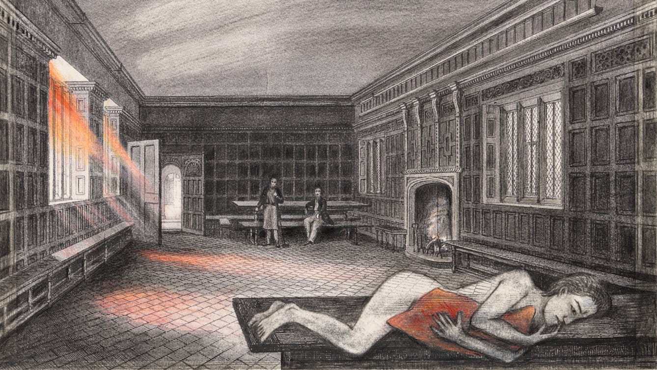 Pencil artwork drawn over an engraving depicting a wooden panelled room with two men in the distance looking towards an unclothed woman lying on her side on a table, clutching a pillow to her front. The whole scene is black and white apart from the pillow and the rays of light streaming in through a window which are tinted red.