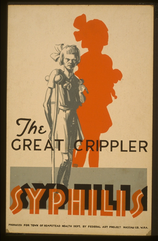 Poster warning of the dangers to children from syphilis, showing a young girl standing with a crutch.