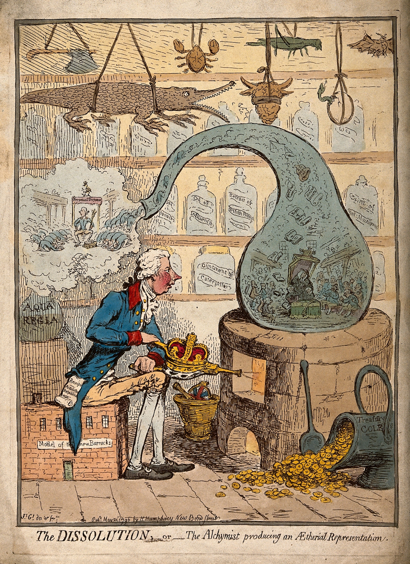 An alchemist using a crown-shaped bellows to blow the flames of a furnace and heat a glass vessel in which the House of Commons is distilled; satirizing the dissolution of parliament by Pitt.