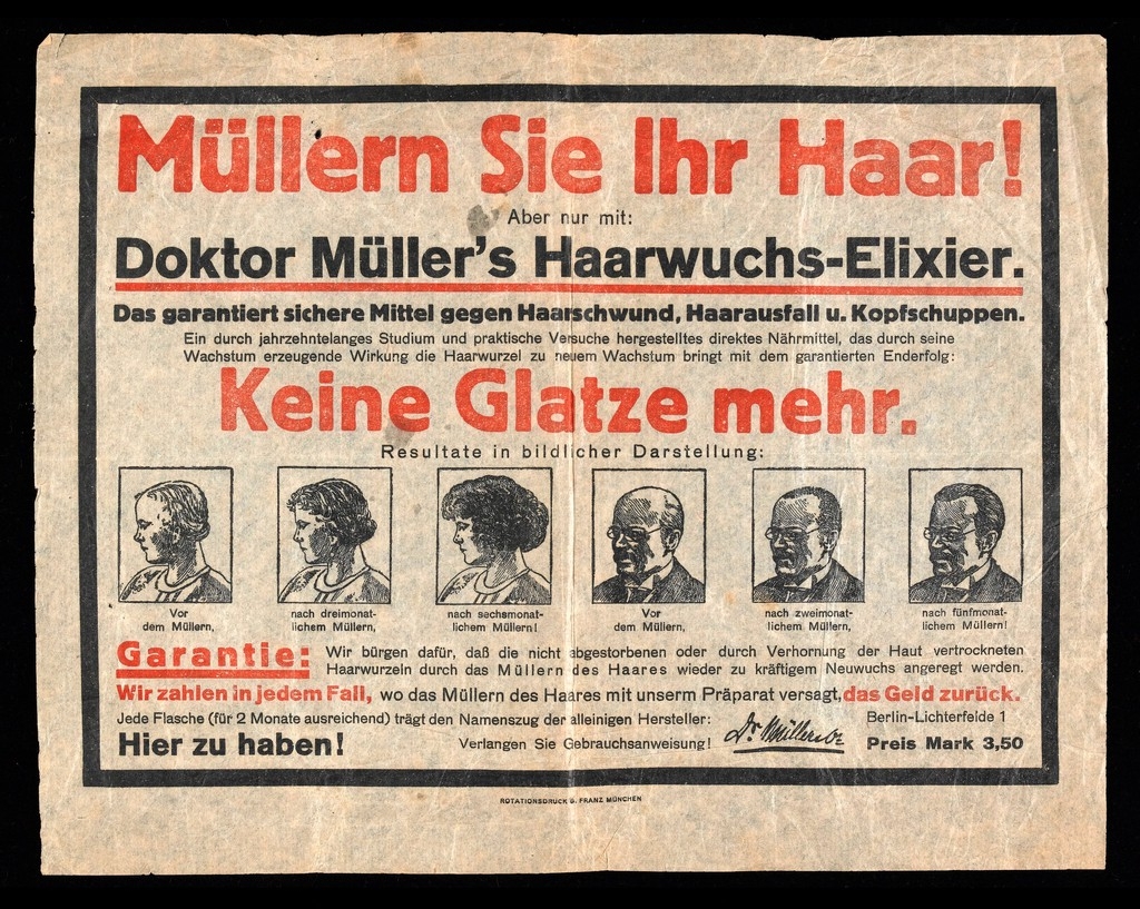 Early 1910s (?) leaflet printed in black and red on very thin paper advertising Doktor Müller's Haarwuchs-Elixier, a hair restorer shown to work on men and women equally effectively in 6 illustrations.