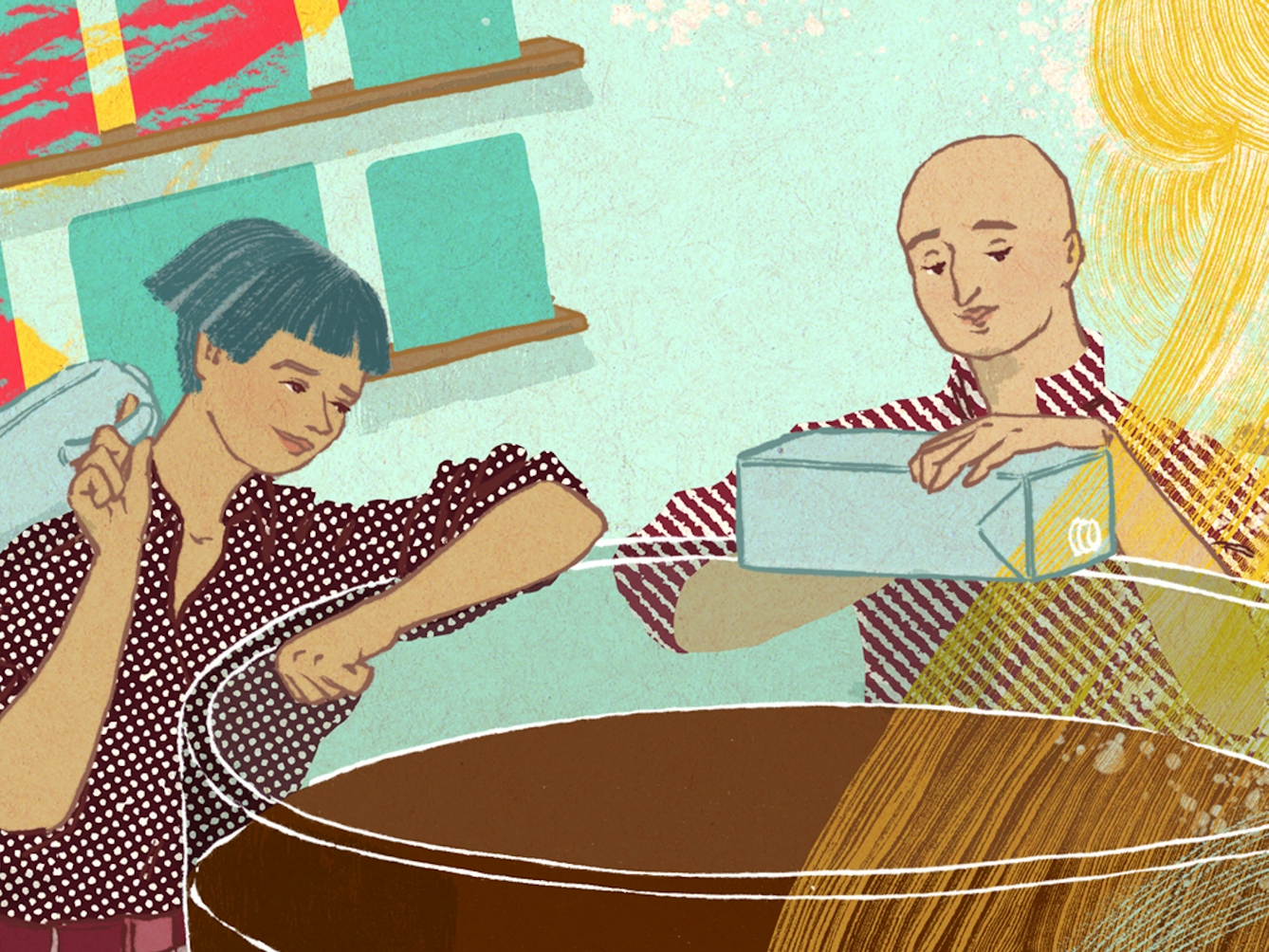 A digital illustration of people in a café, gathered around a large cup of coffee. The two central figures are pouring cartons of oat milk into the coffee. There are large swirls of steam coming from the coffee, behind which there are shelves of books and artworks.