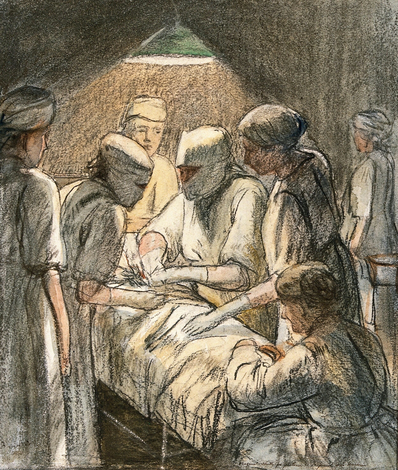 Coloured chalk drawing of an operating theatre with seven women medical staff around a patient whose face and body are not visible under blankets. 
