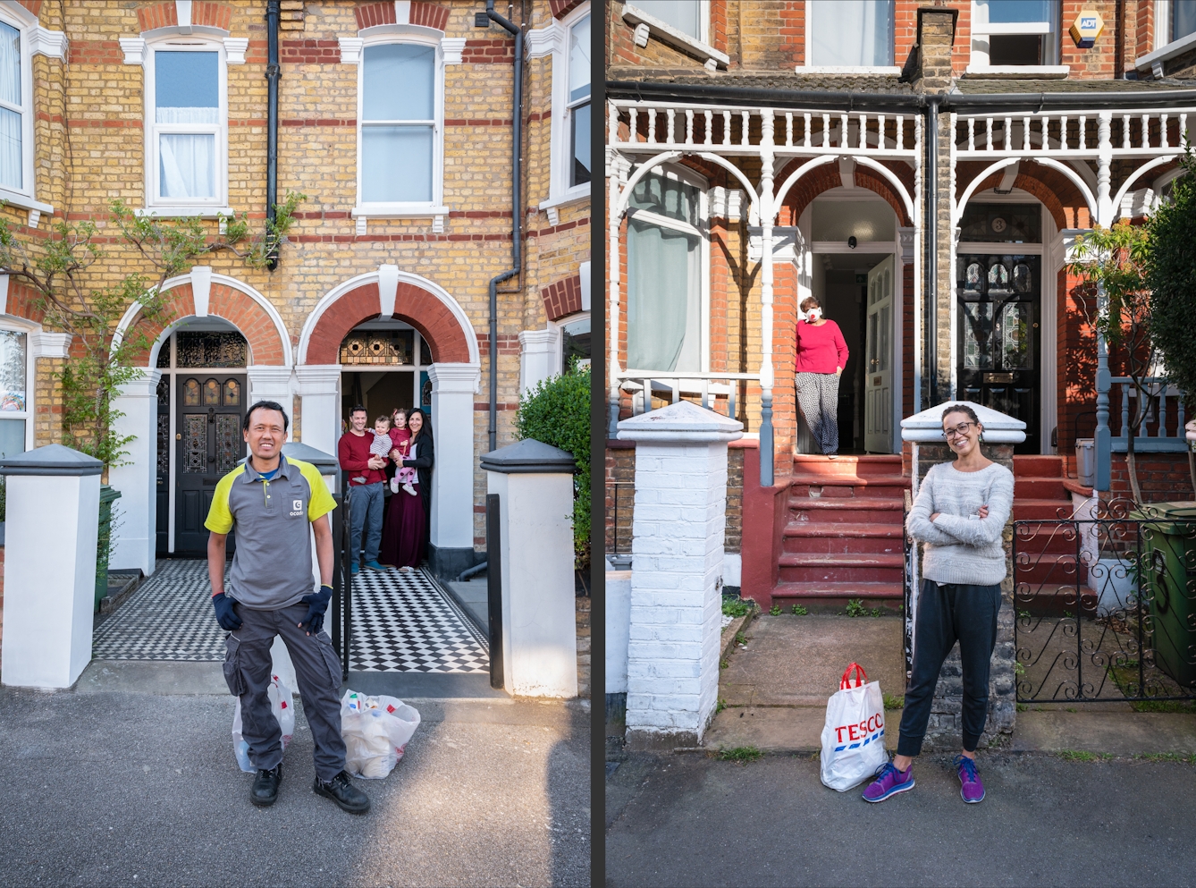 Photographic diptych both images showing the front door, front garden and front gate of a Victorian house. In the image on the left a family of a mother and father and 2 young children stand on the doorstep. A food delivery driver wearing gloves stands by the front gate with bags of shopping at his feet. In the image on the right a woman stand by the front door leaning against the wall, wearing a face mask. By the front gate a woman with her arms crossed smiles to the camera. At her feet is a bag of shopping.