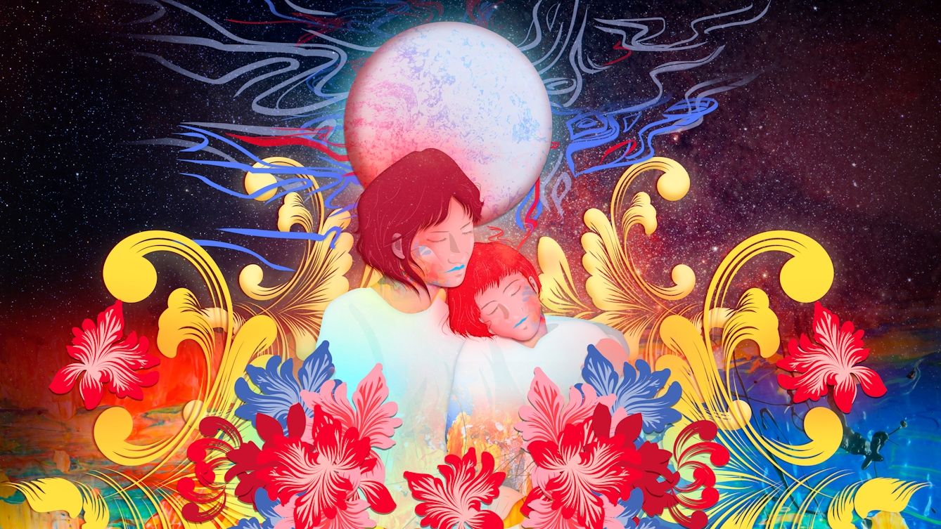 Digital artwork using a colourful, fantastical approach. The artwork shows a mother and daughter with eyes closed in an embrace, the daughter's head resting on the mother's shoulders. Behind the women is a cosmic, star scattered background. Above their heads is a moon-like orb. Swirling over and around their heads, and out to the edges of the image are floral motifs and squiggly lines of reds, yellow, oranges and blues. The whole scene has a dream-like feeling to it.