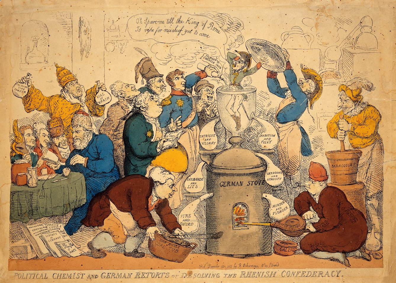 Caricatured statesmen gather around a stove with flasks labelled with outputs such as intrigue and villainy, ambition and folly, etc.