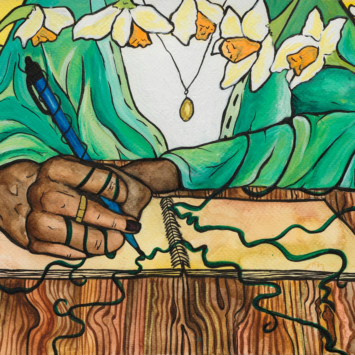 Colourful artwork. The artwork shows a person writing in a spiral-bound notebook. They are wearing a green cardigan with a necklace and are holding a pen in their right hand. Their nails are painted and are wearing a ring. From the pen nib, vines extend across the notebook pages, wrapping around the person's hand and over onto the wooden table they are sat at. At the top of the artwork there are daffodils which are growing from behind the table in front of a yellow wall.