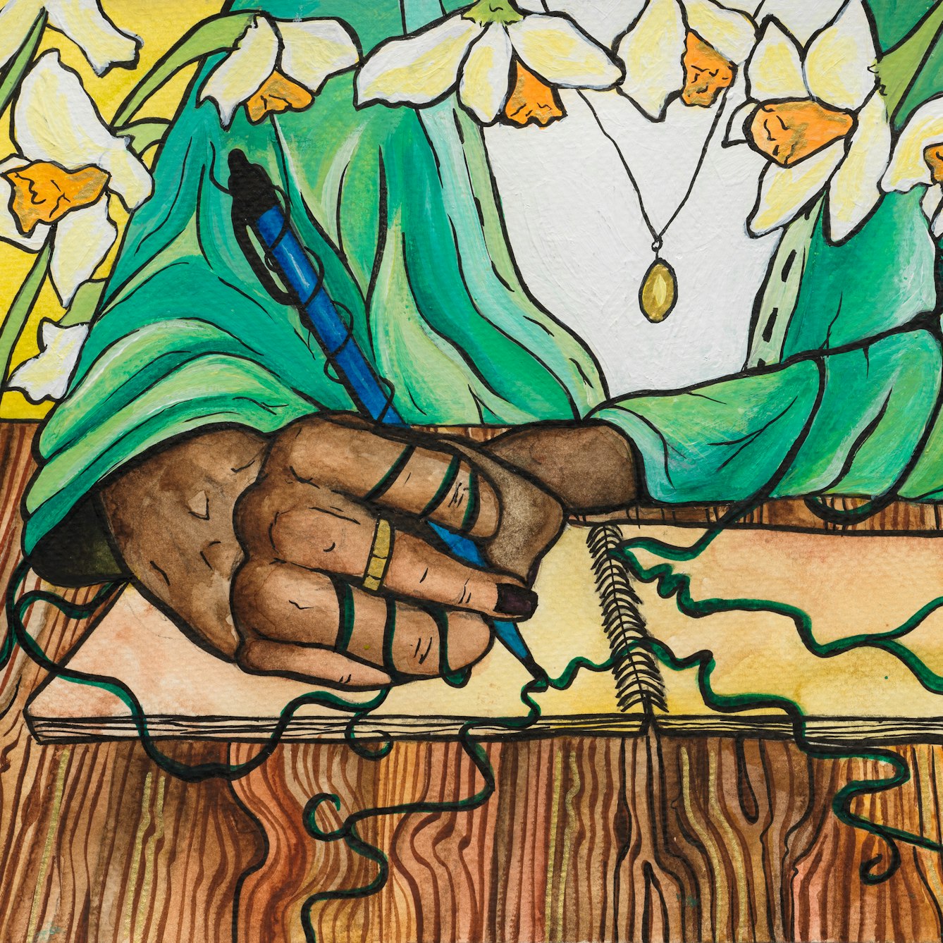 Colourful artwork. The artwork shows a person writing in a spiral-bound notebook. They are wearing a green cardigan with a necklace and are holding a pen in their right hand. Their nails are painted and are wearing a ring. From the pen nib, vines extend across the notebook pages, wrapping around the person's hand and over onto the wooden table they are sat at. At the top of the artwork there are daffodils which are growing from behind the table in front of a yellow wall. 