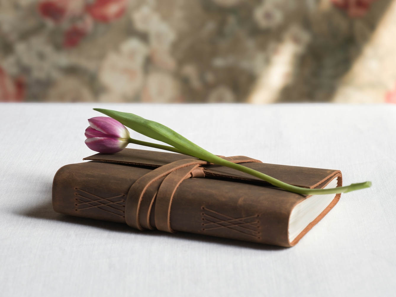Photograph of a notebook wrapped in leather straps, with a tulip on top, lit by a window from the right. 