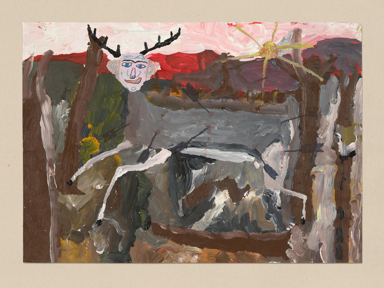Acrylic on paper artwork by Chris Miller titled ‘Me as the wounded deer’. In the artwork a deer with a human head is galloping towards frame left. The surrounding scene appears to be a war torn landscape.