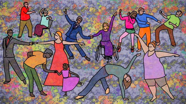 Colourful digital artwork made up of a mottled, paint splattered background containing mauves, greens, pinks, yellow and oranges. On top of the background are 13 black outlined figures of all ages, genders, abilities and ethnicities. Everyone is pictured in the middle of a dance move. They are all dressed in bright coloured clothing.