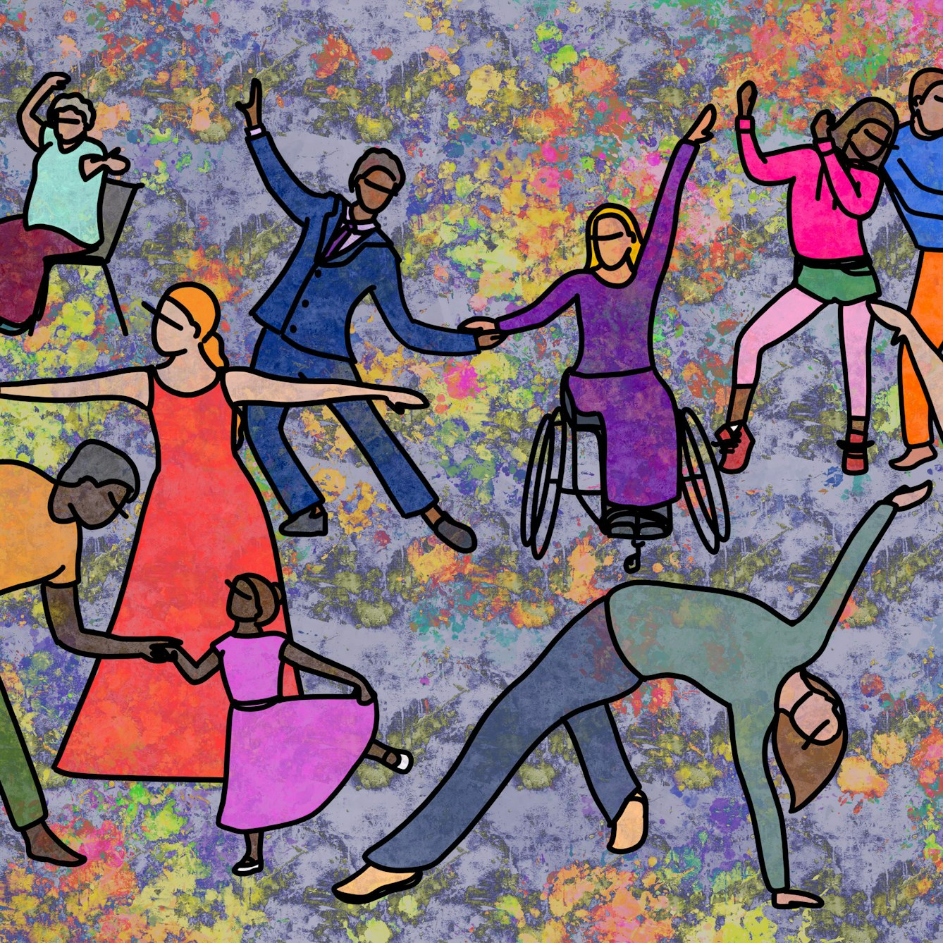 Colourful digital artwork made up of a mottled, paint splattered background containing mauves, greens, pinks, yellow and oranges. On top of the background are 13 black outlined figures of all ages, genders, abilities and ethnicities. Everyone is pictured in the middle of a dance move. They are all dressed in bright coloured clothing.