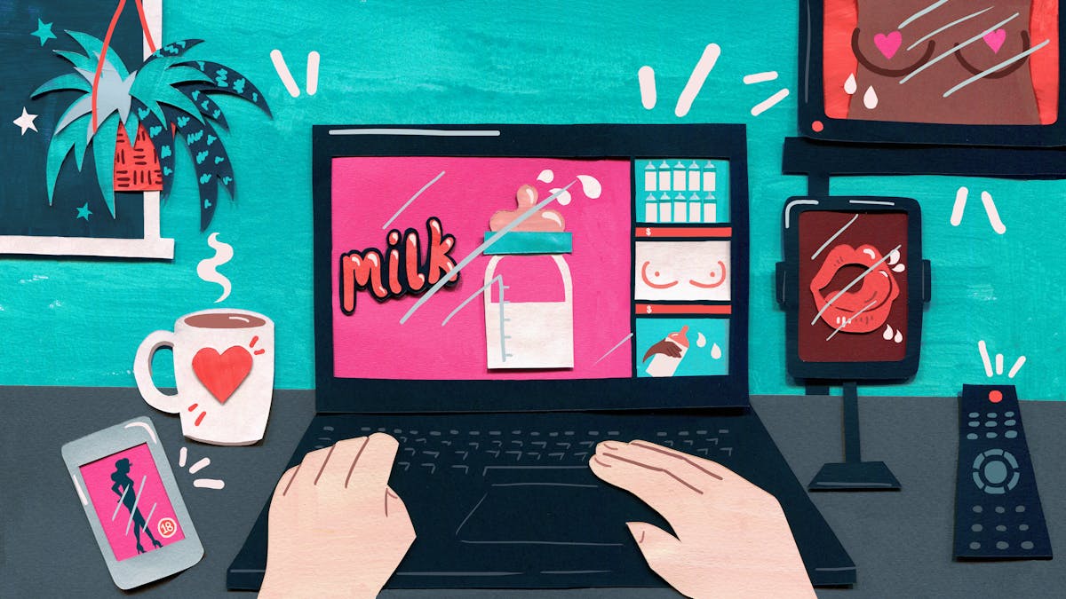 A mixed media illustration showing a first person point of view of a desk. On the desk are a laptop, a mobile phone and a tablet. The screens are displaying bottles of milk as well as depictions of breasts and lips.