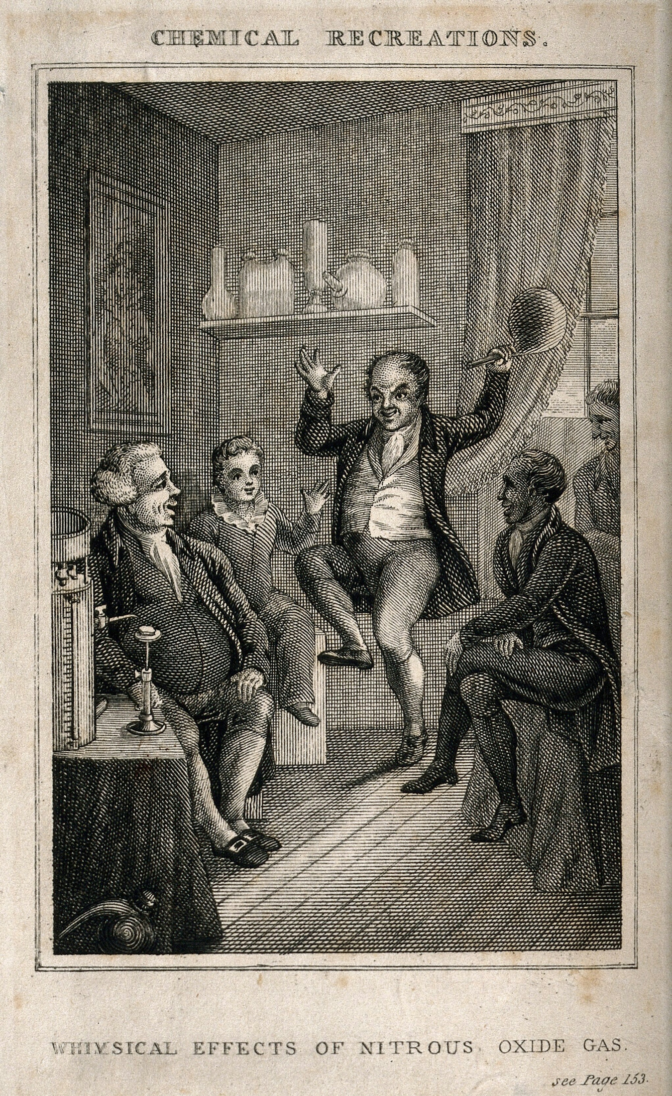 Black and white print of three men and a young boy in a 19th-century room containing scientific apparatus on a shelf and table around them. One man is dancing on one leg, waving his hands in hte air and holding a balloon filled with gas in his left hand. The others are seated around him, looking on and smiling and laughing.