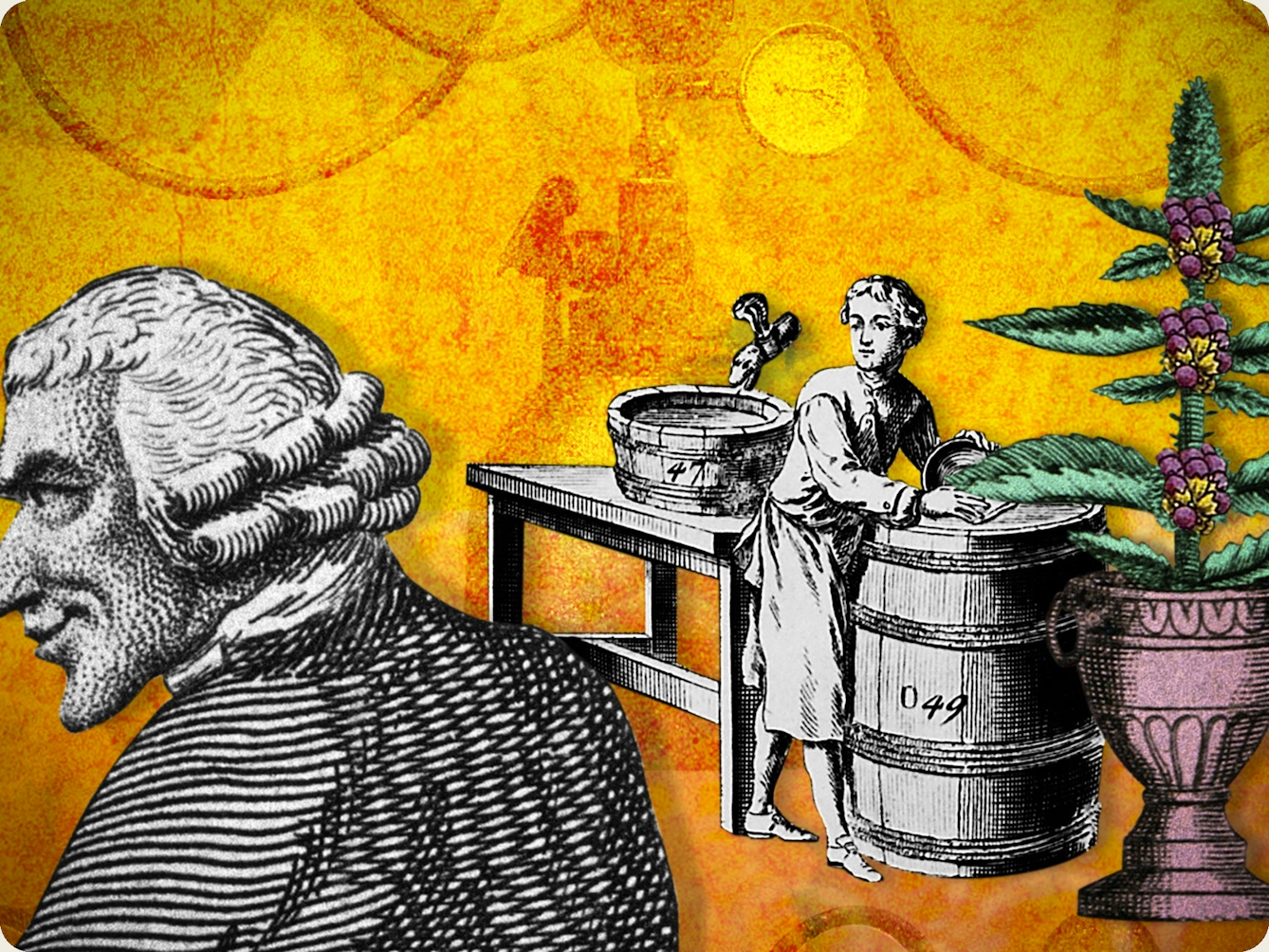 Detail from a larger digital montage artwork created using archive material. The image shows an 18th-century male character in wig and coat looking to the left. The background is a warm orange and yellow with motifs of bubbles and swirls. To the far right of the image a small young boy stands next to a barrel looking towards the chaos of the laboratory experiment.