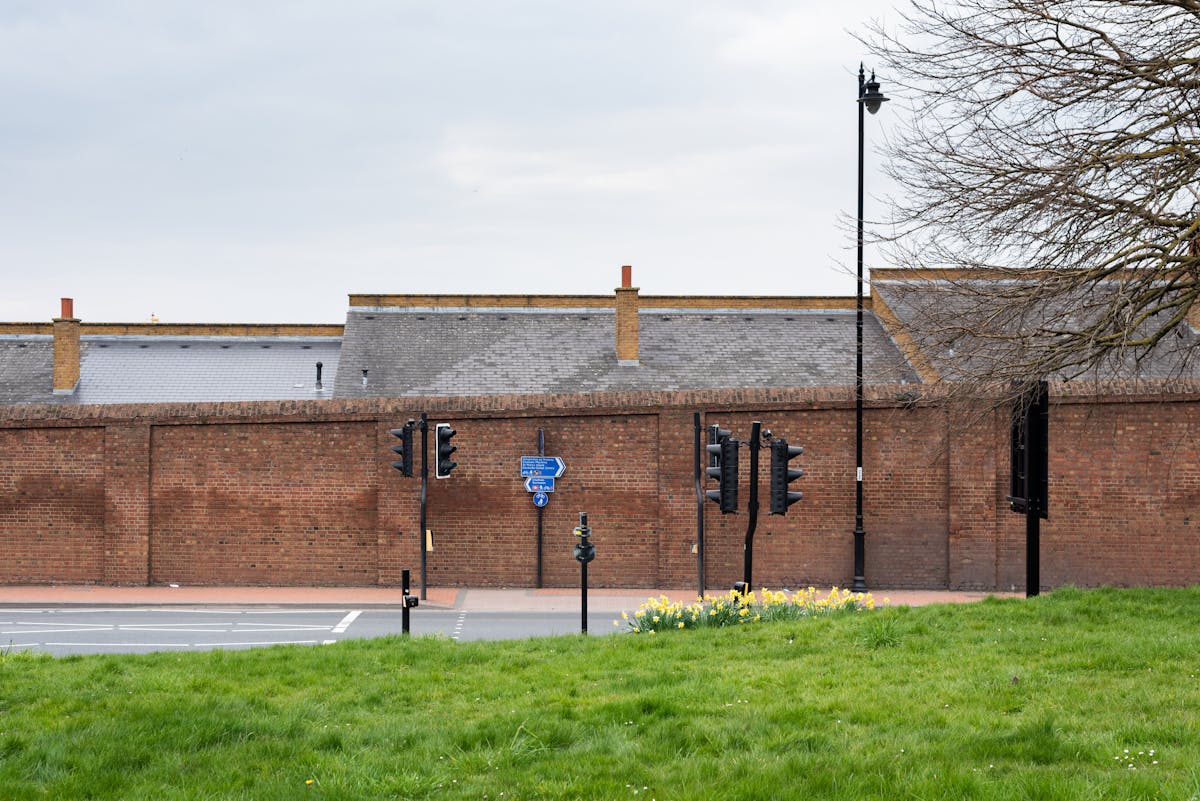 Photograph of a high redbrick wall running from left to right, in front of which is an empty road and a crossing with traffic lights and road signs. At the bottom of the image is a grass verge with a small crop of bright yellow daffodils.