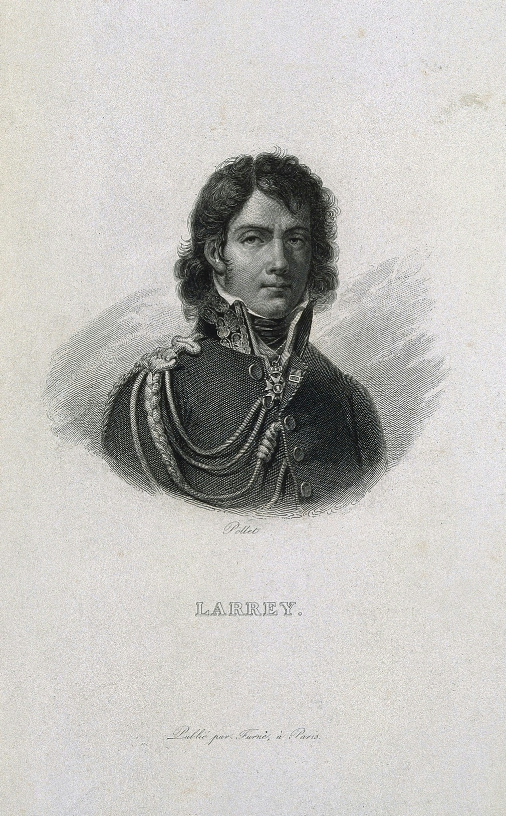 Dark etching portrait of a man with curly hair and elaborate military coat.