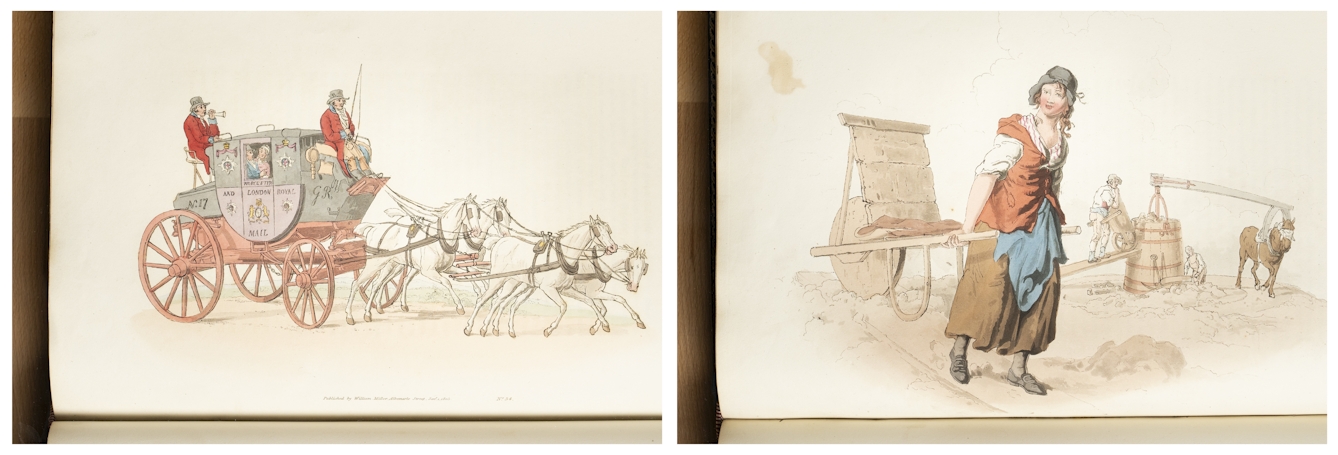 Two photographs of a book containing colour illustrations. On the left is a Royal Mail carriage pulled by four white horses and containing a well dressed passengers. On the right is a working class woman pulling along a cart through the mud.