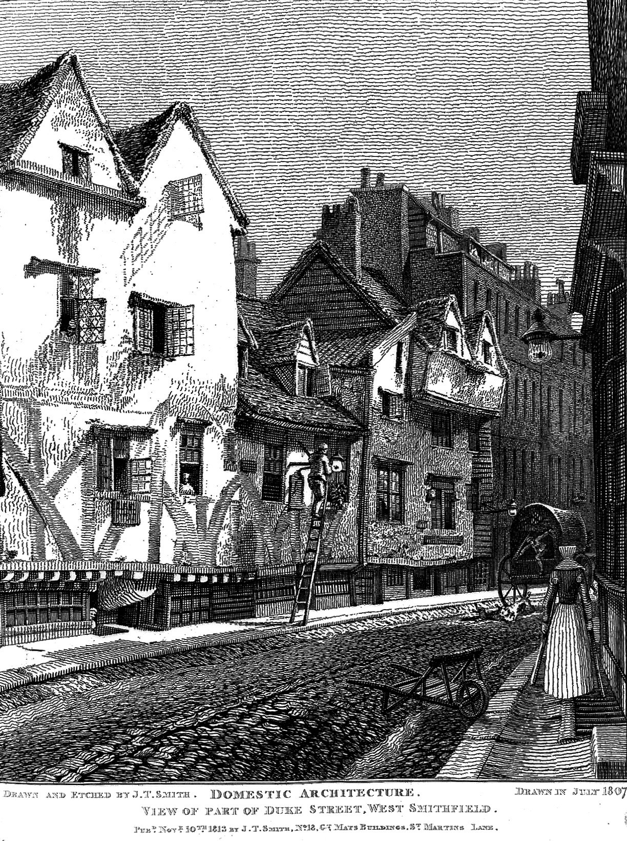 Black and white illustration showing domestic architecture: a cobbled street with tall buildings on either side.