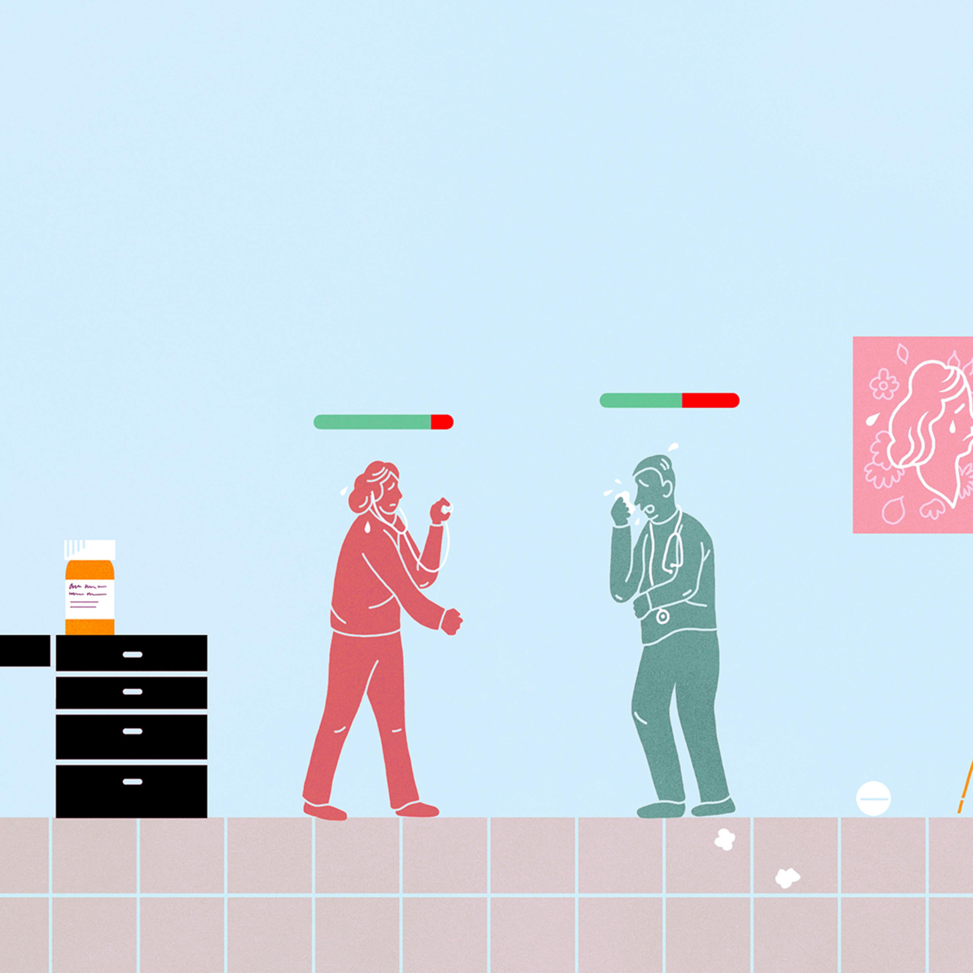 Illustration of two doctors coughing and talking to each other in a GP office. There are game-like bars over their heads, representing their level of health.