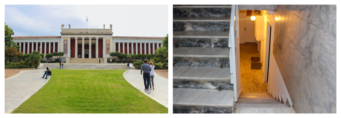 Photographic colour diptych. The image on the left shows a grand columned building set in lavish grounds, with a wide lawn leading up to the entrance. Several small groups of people are dotted around the scene. The image on the right shows the internal hallway of an apartment block. The scene is a warm tone due to the incandescent lighting. In the foreground is the staircase leading up and down to a corridor with front doors. 