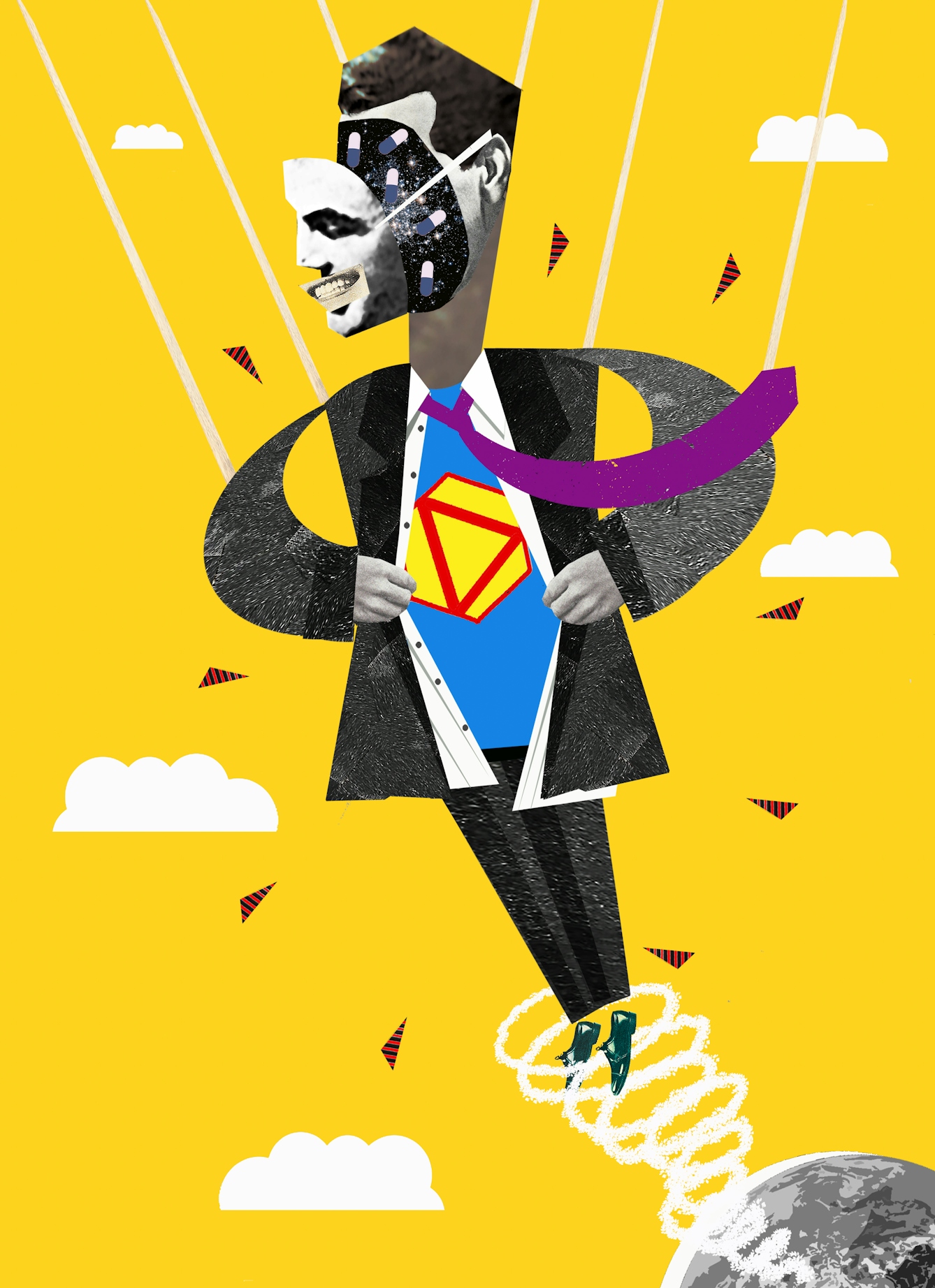 Illustration using a montage technique combining monotone photographs and colour graphics, showing a man zooming up from a small planet earth in the bottom right corner, pulling his shirt apart to reveal a superman type shirt underneath. Hi face is smiling and detached from his head as if a mask on a length of elastic. Inside his head are galactic stars and small white and blue pill capsules.