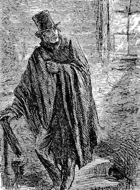 Monks aka Edward Leeford drawn as a shadowy figure with top had and cape
