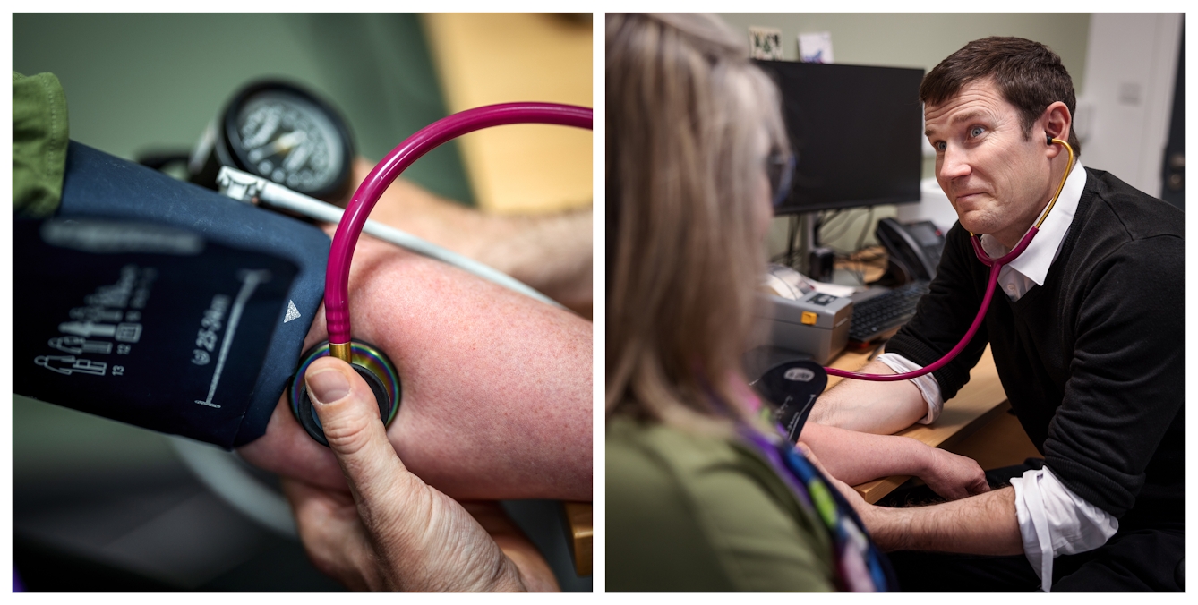 Photographic diptych. The left image show a close up view of doctor taking the blood pressure of a patient. The right image shows the view but from further away so the doctor's face can be seen.