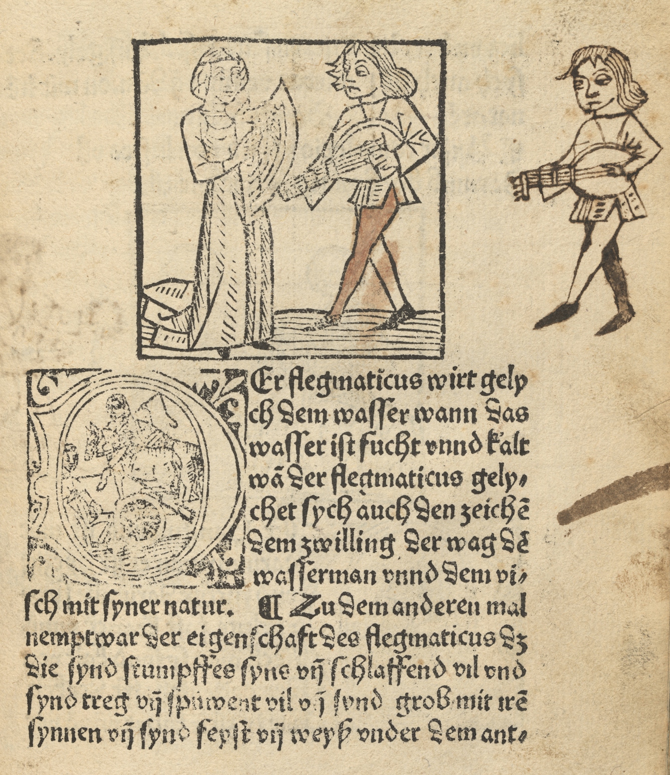 Photograph of a page from an early printed book where a previous owner has had a go at copying an illustration of man playing a guitar like instrument.