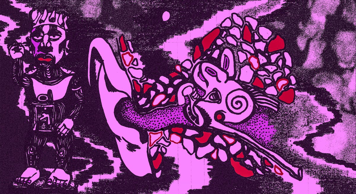 Illustration in black, purple and red tones, showing a cross section of an ear revealing all the internal elements. Inside the skull end of the cross section is a grainy image of faces in a crowd. Outside the ear is a drawing of a figure.