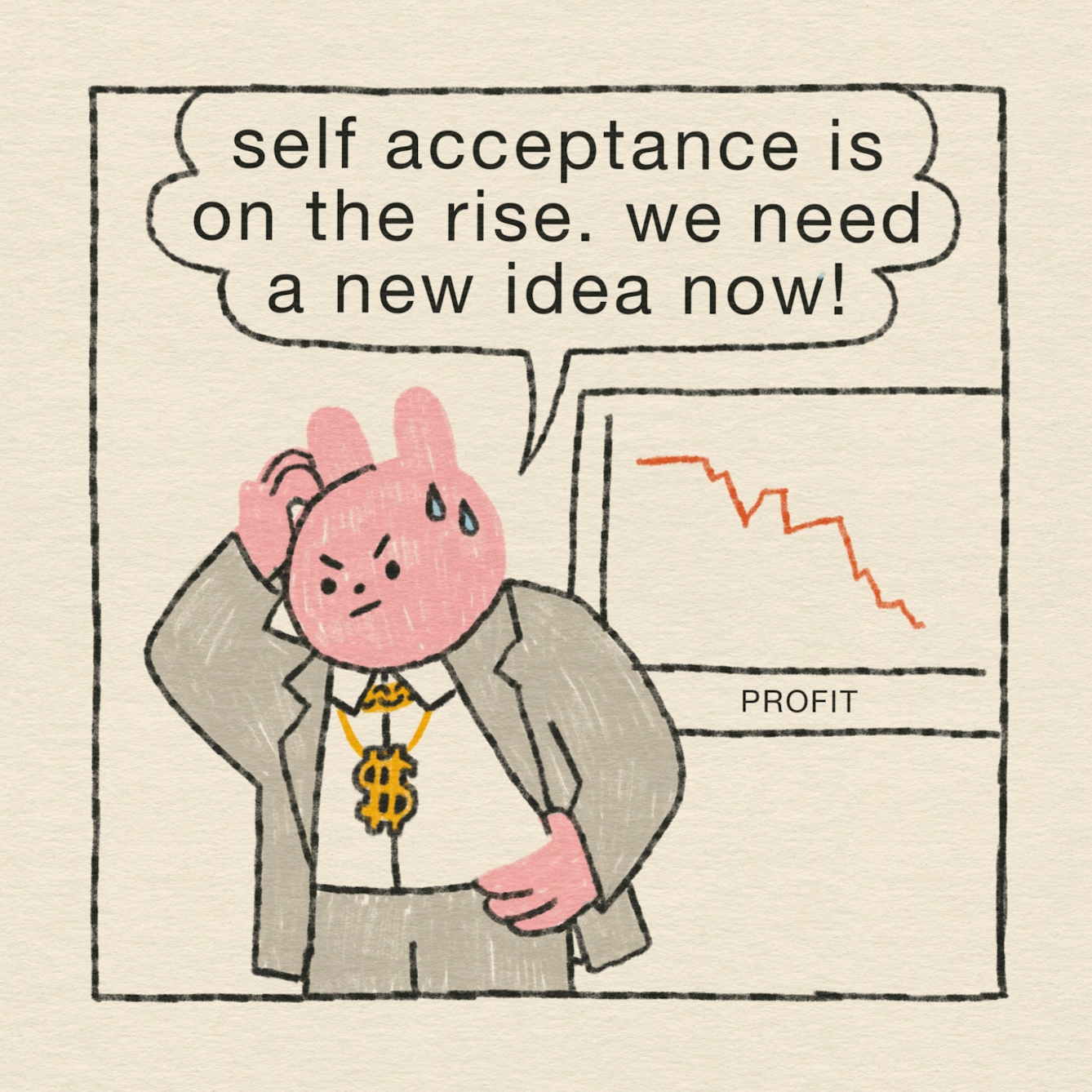 Panel 1 of 4: The CEO looks stressed. He’s wearing his grey suit and a gold chain with a dollar sign on it, and has sweat dripping down his face. Behind him is a graph which shows company profits are falling. “Self-acceptance is on the rise. We need a new idea now!”, he says.