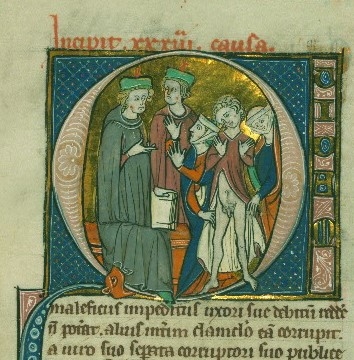 Colour image of a medieval manuscript showing two women exposing the flacid penis of a man to two other men holding clerical files as if to show his impotence. 