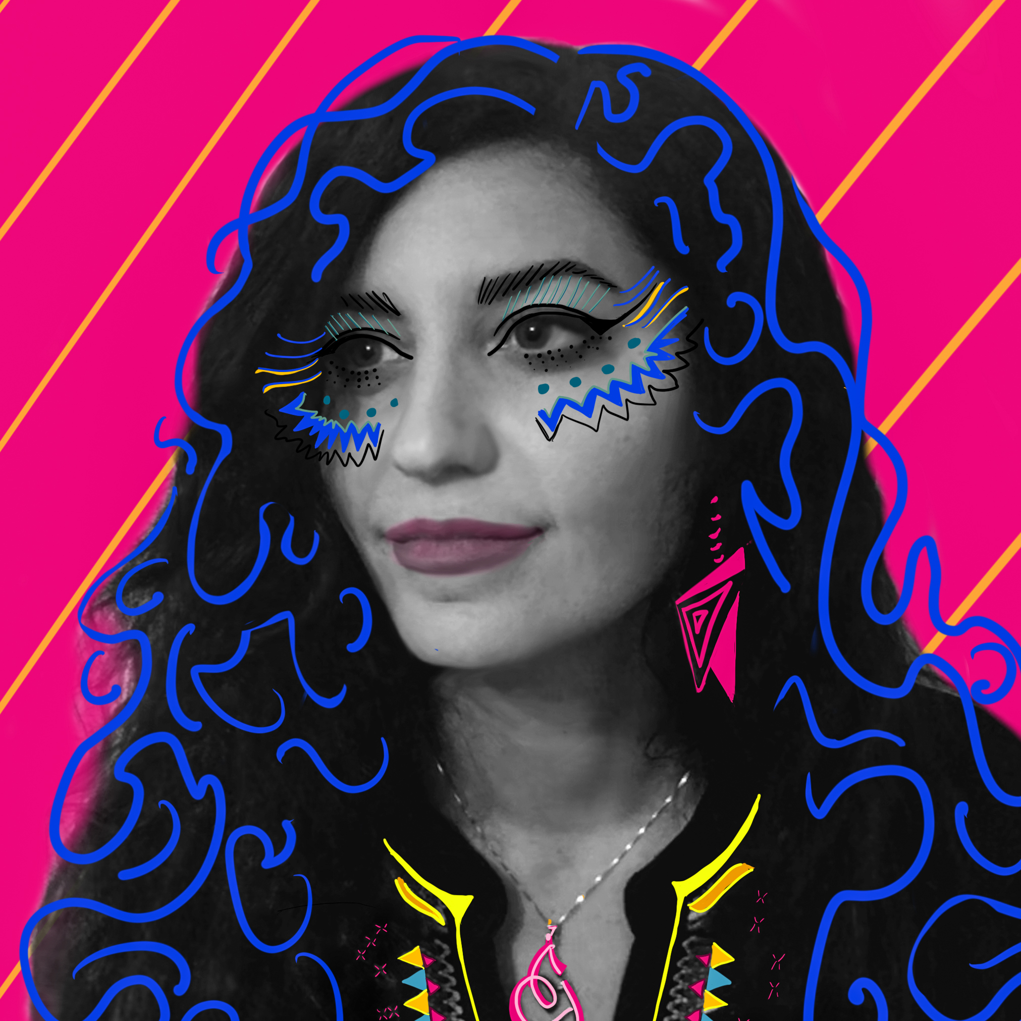 Black and white, head and shoulders portrait of Jacqueline Reem Salloum. The photograph has been embellished with coloured lines of blue, yellow and pink.