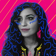 Black and white, head and shoulders portrait of Jacqueline Reem Salloum. The photograph has been embellished with coloured lines of blue, yellow and pink.