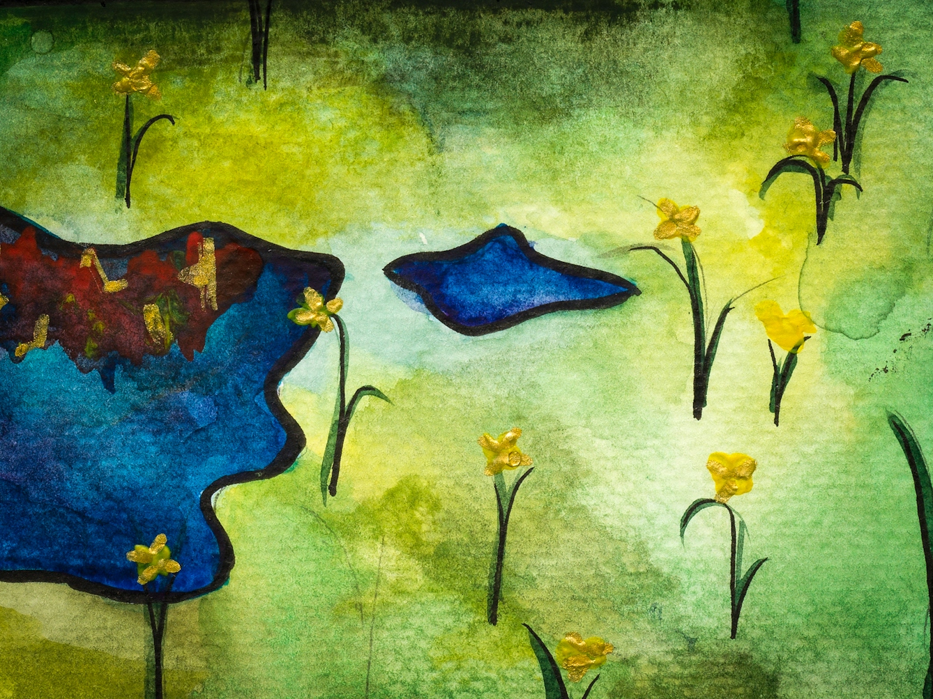 Detail from a larger colourful artwork. The artwork shows grass with flowers growing in it and a small pond to the left. 