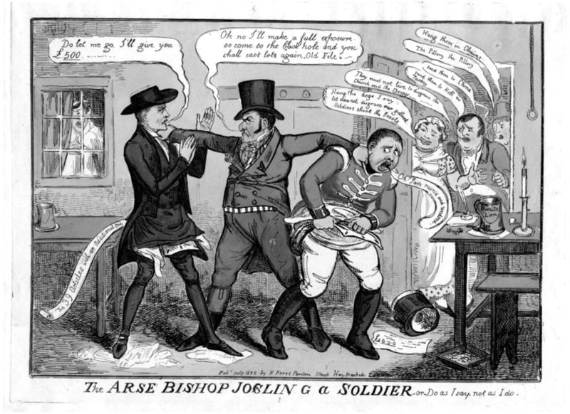 Black and white cartoon drawing featuring a man in a top hat looking angry and holding apart two men while people in the doorway look on
