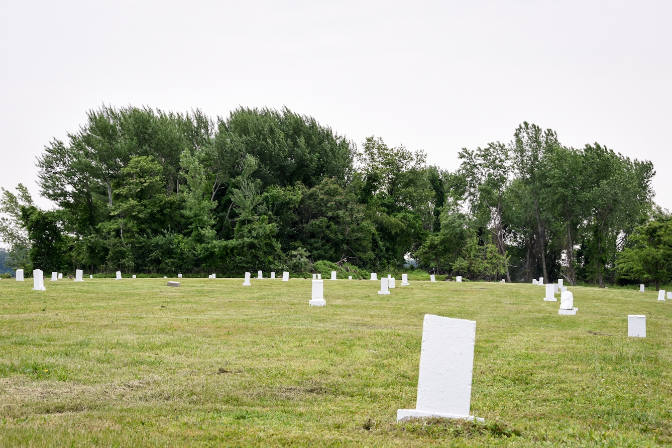 Photograph of an area of cut green grass leading up to a line of green trees in the distance. Scattered around on the grass are low white stone rectangular markers.