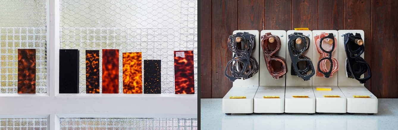 Photographic diptych. The image on the left shows a selection of rectangular acetate samples propped against a led lined window, glowing red, brown and orange as the light passes through them from behind. The image on the right show a rack of 5 spectacle holders, each holding a number of frames. Each frame is roughly cut, part way through the frame finishing process.