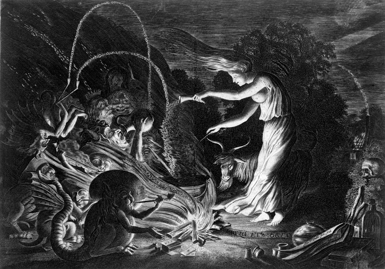 Black and white etching showing a witch preparing something in a cauldron, surrounded by strange looking creatures.