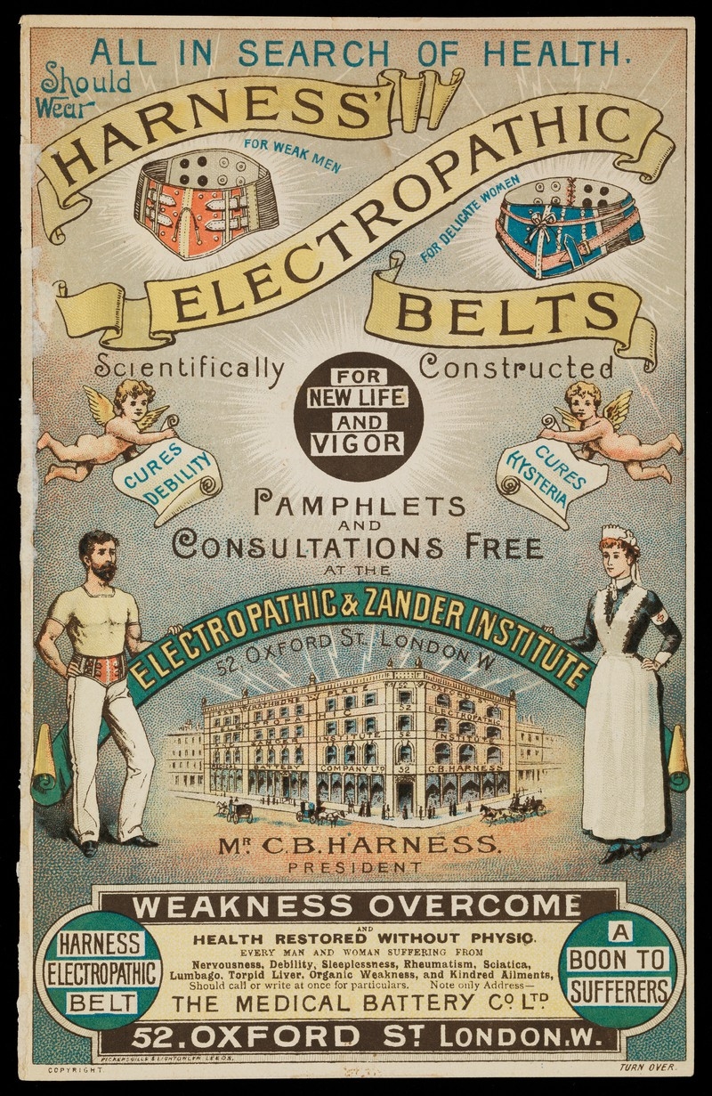 Image of advert for Harness' "Electropathic Belts"