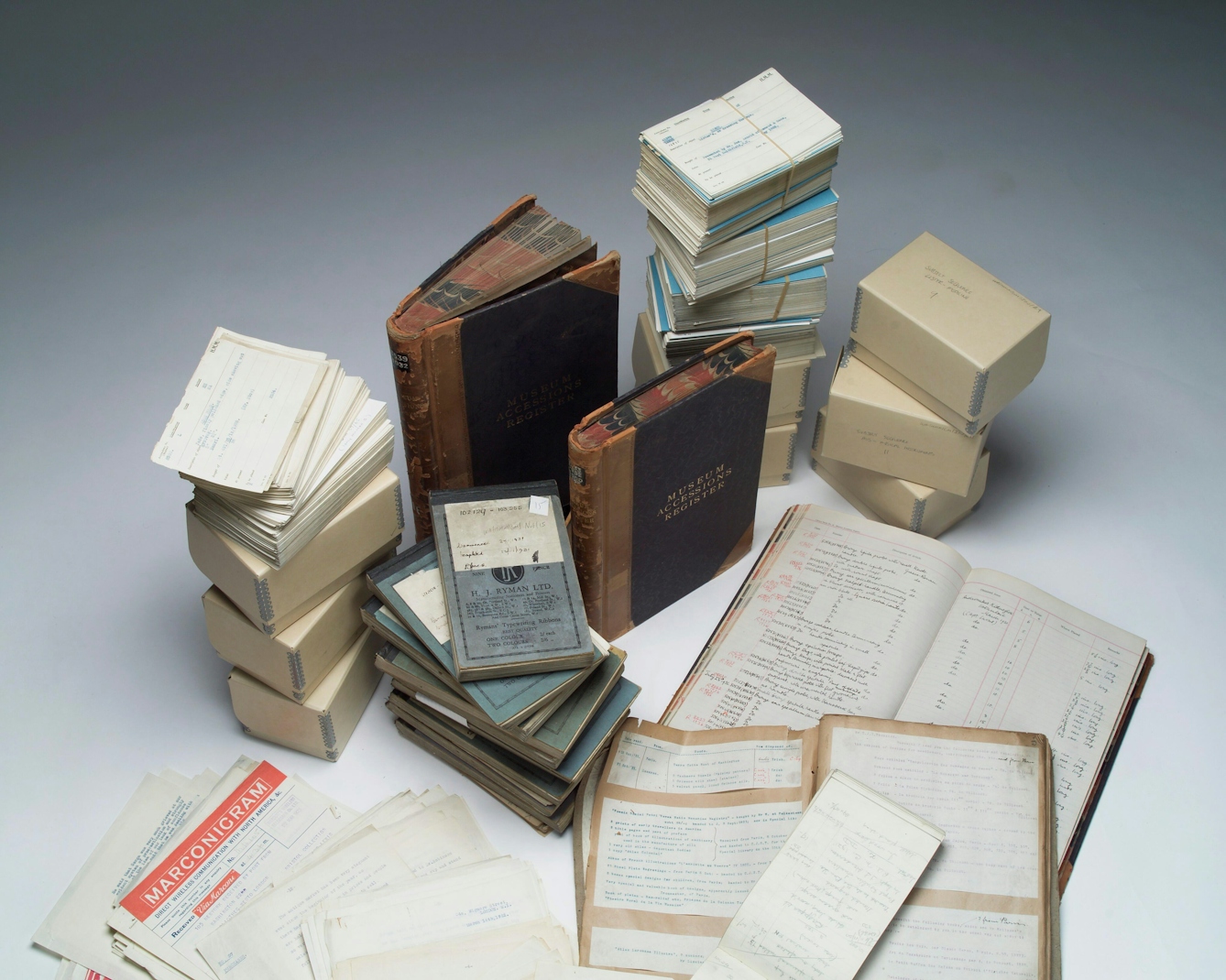 A selection of bound ledgers, registers, notebooks,  cataloguing cards and correspondence containing historical records of the acquisition of items for the Wellcome Medical Museum and Library