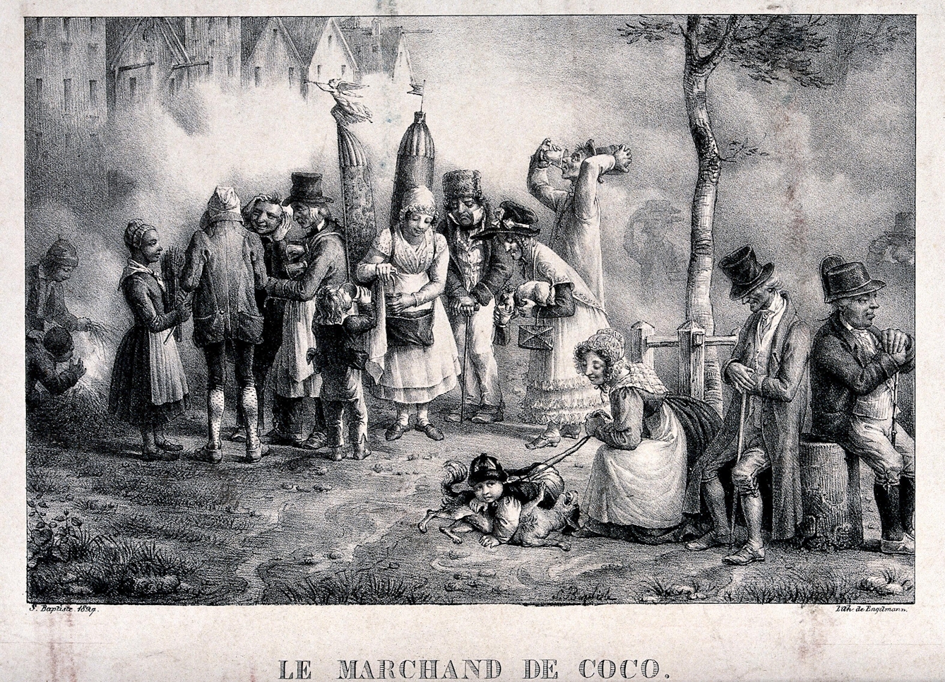 Black and white illustration showing people purchasing drinks from a cocoa vendor as others sit resting under a tree in fog. They appear to be mostly working class in dress, though they are not shabby or dirty. 