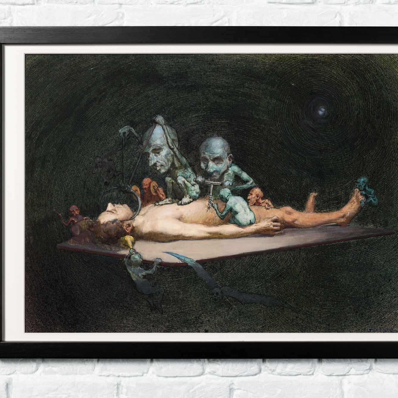 Watercolour painting showing an unconscious naked man lying on a table being attacked by little demons armed with surgical instruments